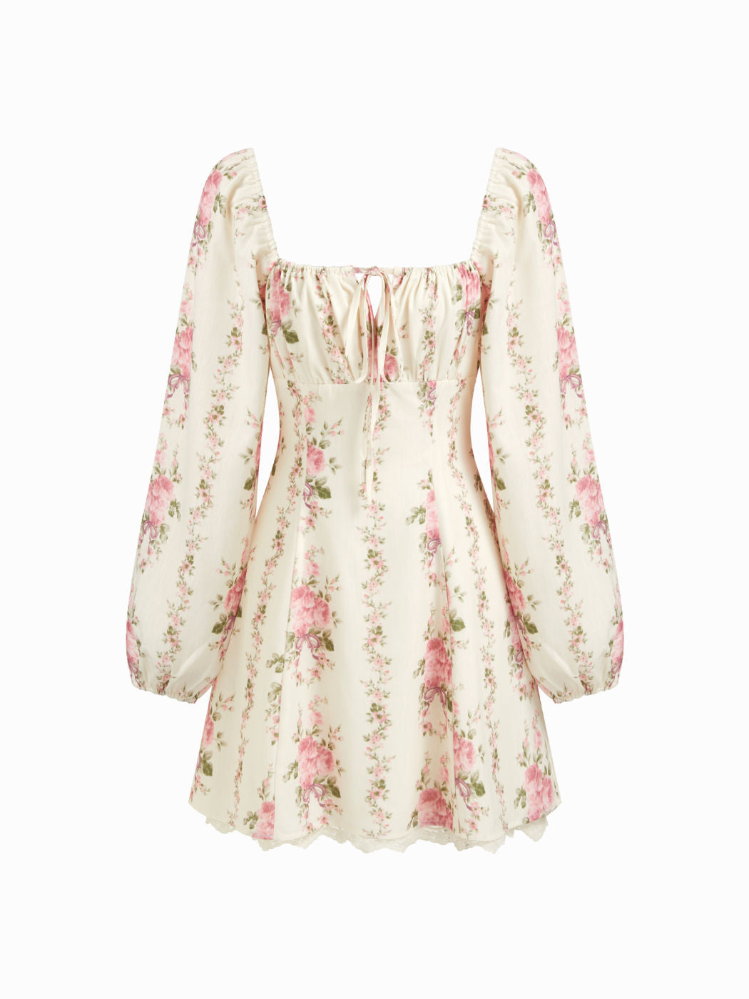 Floral Square Neck Lantern Long Sleeve Contrasting Lace Knotted Mini Dress
