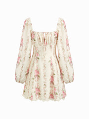 Floral Square Neck Lantern Long Sleeve Contrasting Lace Knotted Mini Dress