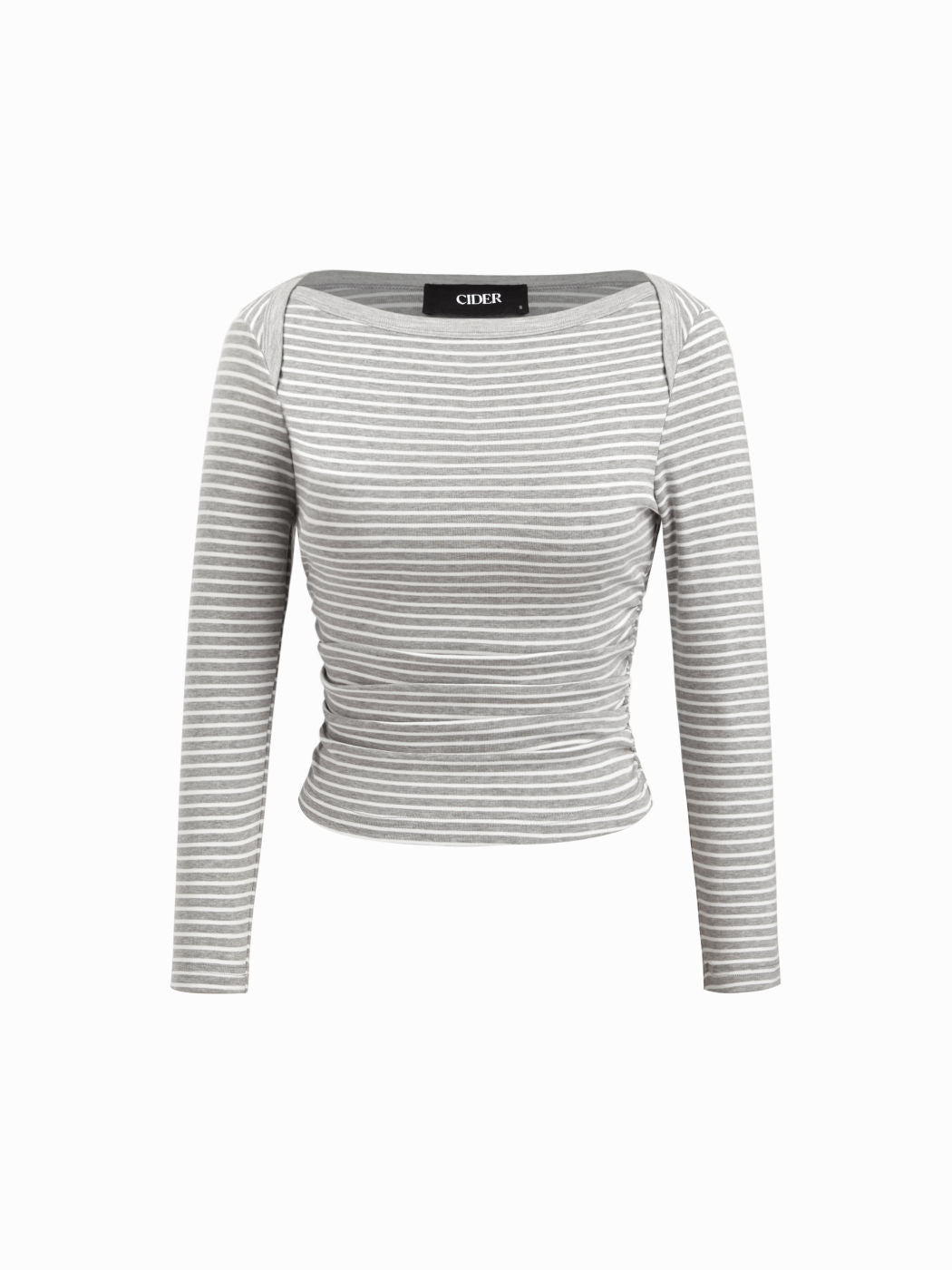 Striped Boat Neck Long Sleeve Ruched Tee