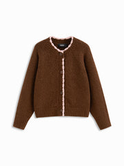 Knit Wool-blend Round Neckline Long Sleeve Contrasting Binding Button Cardigan