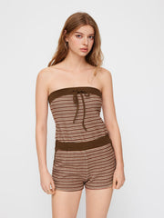 Cotton-blend Stripe Knotted Contrasting Binding Bandeau Romper