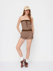 Cotton-blend Stripe Knotted Contrasting Binding Bandeau Romper