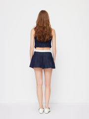 Denim Mid Rise Two Tone Bowknot Pleated Mini Skirt