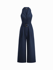 Collar V-neck Straight Leg Jumpsuit With Belt