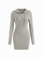 Knit Hooded Long Sleeve Drawstring Mini Dress