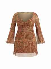 Mesh Sweetheart Neck Paisley O-Ring Ruffle Hem Mini Dress Curve & Plus