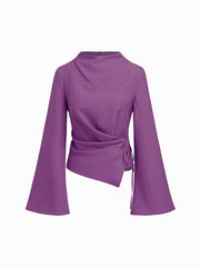 Stand Collar Texture Tie Side Ruched Bell Sleeve Blouse