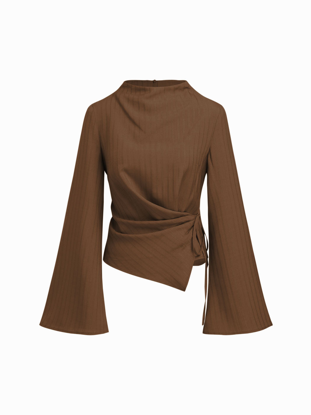 Stand Collar Texture Tie Side Ruched Bell Sleeve Blouse