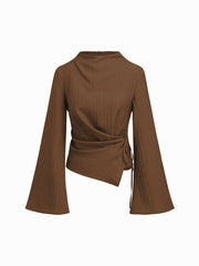 Stand Collar Texture Tie Side Ruched Bell Sleeve Blouse