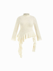 Lace Texture High Neck Pointelle Asymmetrical Ruffle Hem Top Curve & Plus