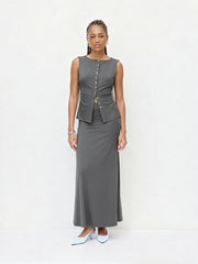 Boat Neck Ruched Tank Top & Ruffle Maxi Skirt Set