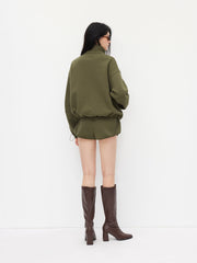Cotton-blend Stand Collar Zip Through Drawstring Sweatshirt & Mid Rise Shorts Set