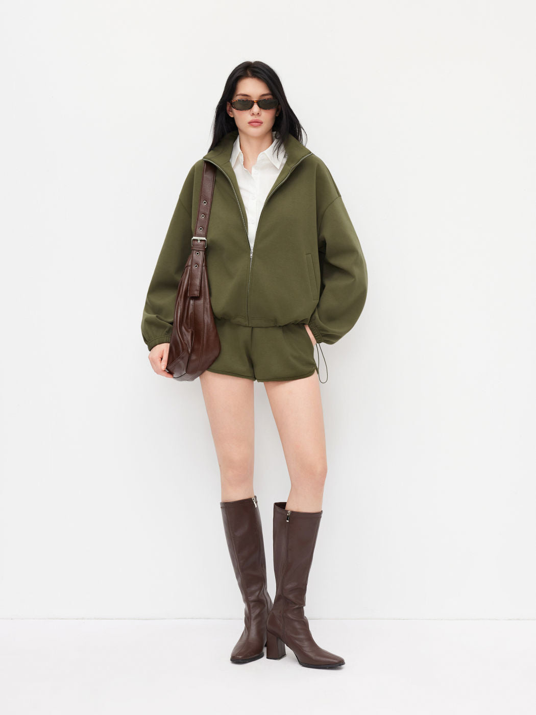 Cotton-blend Stand Collar Zip Through Drawstring Sweatshirt & Mid Rise Shorts Set
