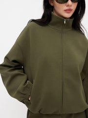 Cotton-blend Stand Collar Zip Through Drawstring Sweatshirt & Mid Rise Shorts Set