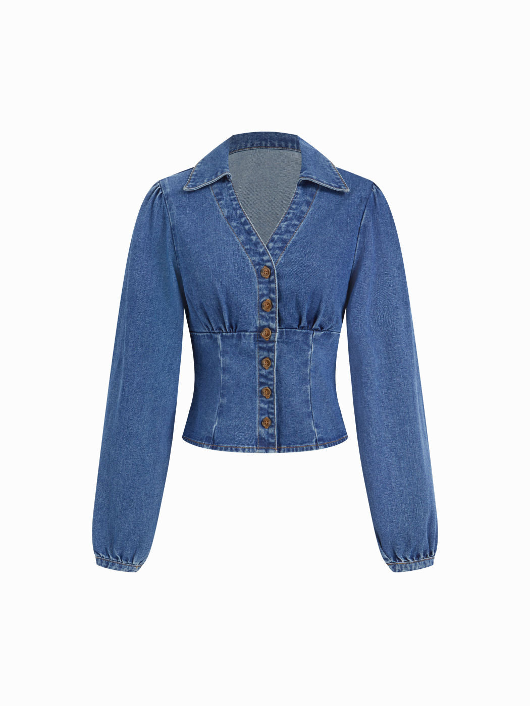 Denim V-neck Cinched Waist Tie Back Blouse