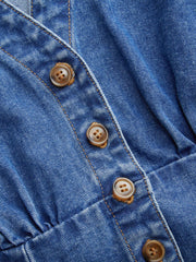 Denim V-neck Cinched Waist Tie Back Blouse