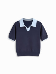 Knit Polo Contrasting Binding Short Sleeve Top