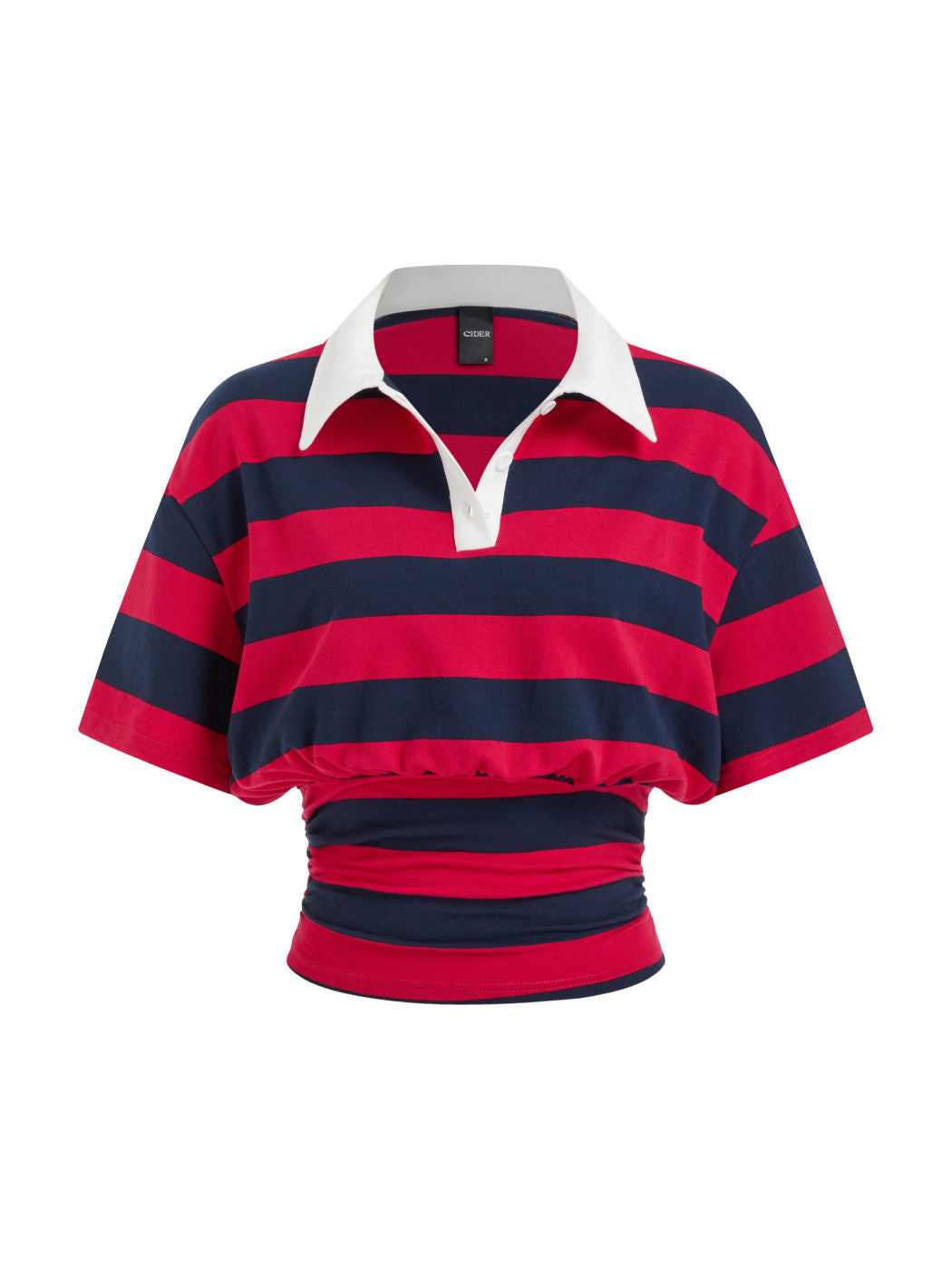Cotton-blend Stripe Collar Short Sleeve Cinched Waist Tee