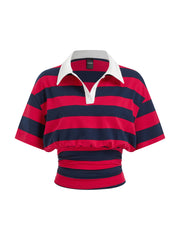 Cotton-blend Stripe Collar Short Sleeve Cinched Waist Tee