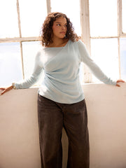 Knit Wool-blend Asymmetrical Neck Ruched Long Sleeve Top Curve & Plus