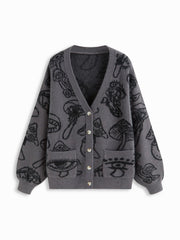 Knit V-neck Mushroom Graphic Cardigan