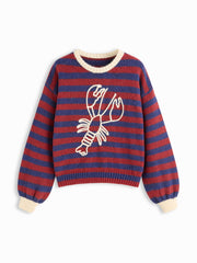 Knit Stripe Lobster Graphic Long Sleeve Contrasting Binding Oversized Sweater