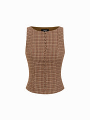 Cotton Boat Neck Plaid Backless Cut Out Tank Top
