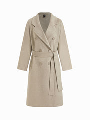 Double-Faced Wool-look Notched Collar Double Breasted Longline Coat With Belt