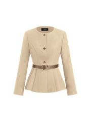 Round Neckline Metal Button Pleated Blazer With Belt