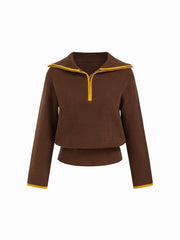 Collar Contrasting Binding Half Zip Long Sleeve Top