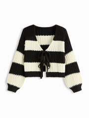 Knit V-neck Striped Tie Front Oversized Cardigan Curve & Plus