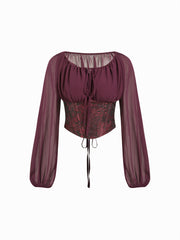 Jacquard Off-shoulder Long Sleeve Knotted Lace Up Corset Blouse