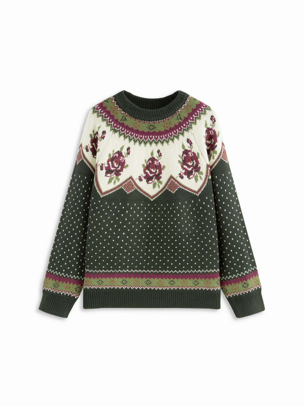 Knit Round Neckline Polka Dot & Floral Fair Isle Long Sleeve Top