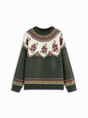 Knit Round Neckline Polka Dot & Floral Fair Isle Long Sleeve Top