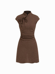 Mandarin Collar Polka Dot Ruched Textured Mini Dress
