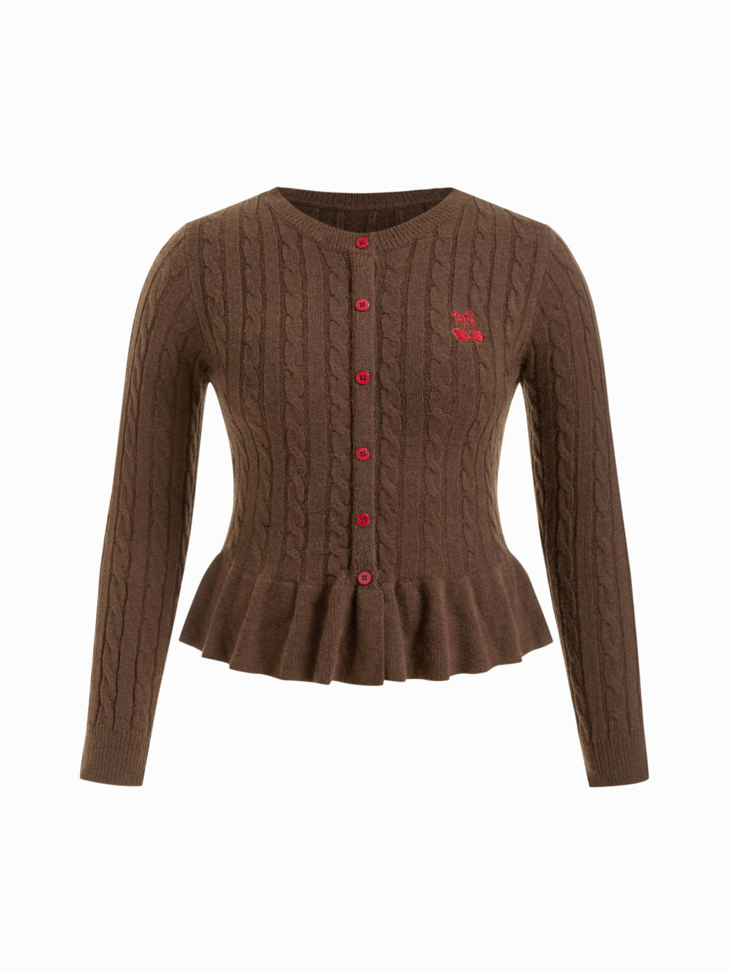 Cable Knit Cherry Embroidery Long Sleeve Ruffle Hem Top Curve & Plus