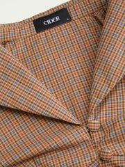 100% Cotton Plaid Collar Bell Sleeve Ruched Cinched Waist Blouse