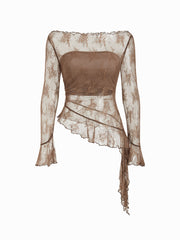 Lace Off-shoulder Long Sleeve See-through Lettuce Trim Top With Bandeau