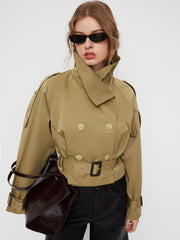 Funnel Collar Double Breasted Trench Coat With Belt