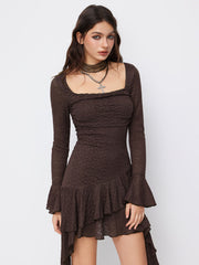 Lace Square Neck Knotted Ruched Asymmetrical Layered Ruffle Hem Mini Dress