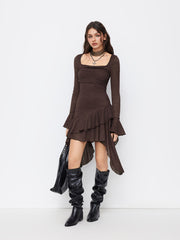 Lace Square Neck Knotted Ruched Asymmetrical Layered Ruffle Hem Mini Dress