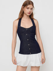 Stretch Denim Halter Neckline Two Tone Bubble Hem Mini Dress