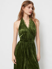 Velvet V-neck Lace Trim Knotted Backless Straight Leg Jumpsuit