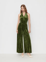 Velvet V-neck Lace Trim Knotted Backless Straight Leg Jumpsuit