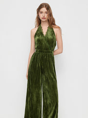Velvet V-neck Lace Trim Knotted Backless Straight Leg Jumpsuit