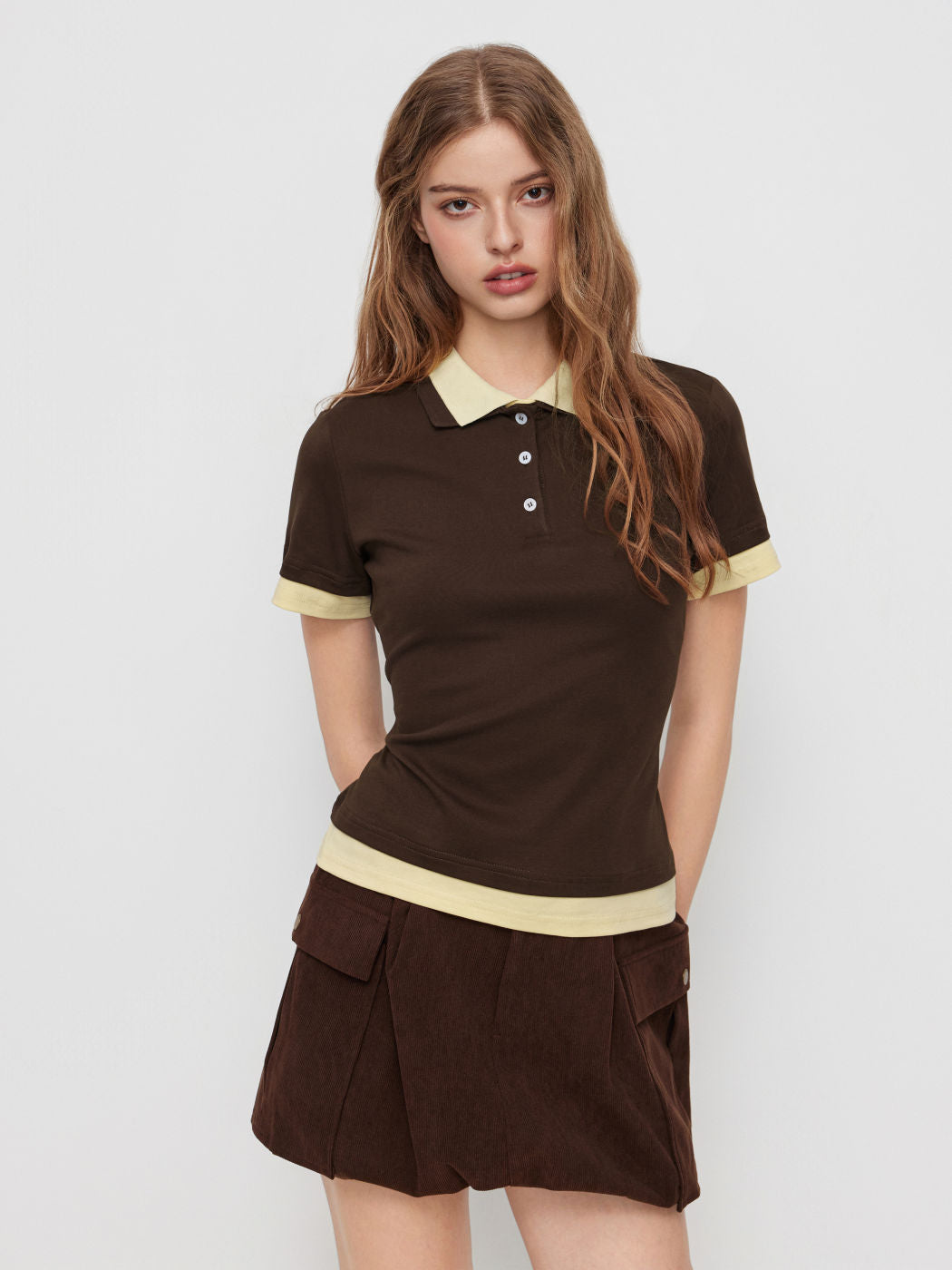 Cotton-blend Two Tone Polo Button Short Sleeve Tee