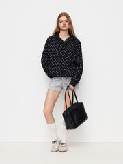 Terry Polka Dot Long Sleeve Drawstring Hoodie