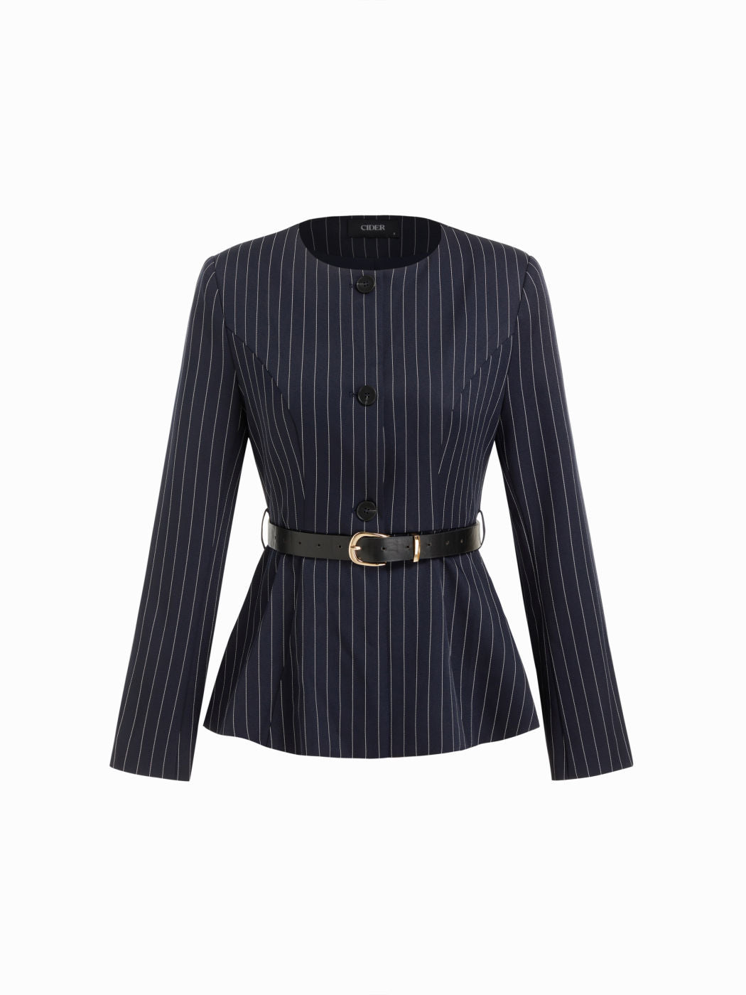 Round Neckline Metal Button Pleated Blazer With Belt