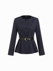 Round Neckline Metal Button Pleated Blazer With Belt