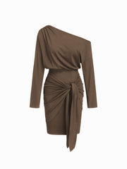 Asymmetrical Neck Long Sleeve Tie Front Midi Dress